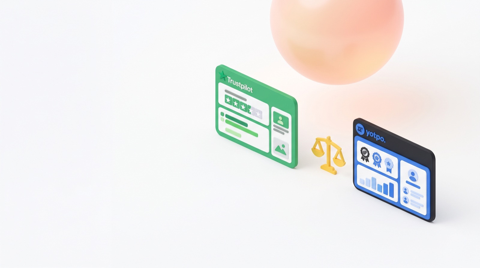 Trustpilot and Yotpo platform cards side by side with scale balance icon