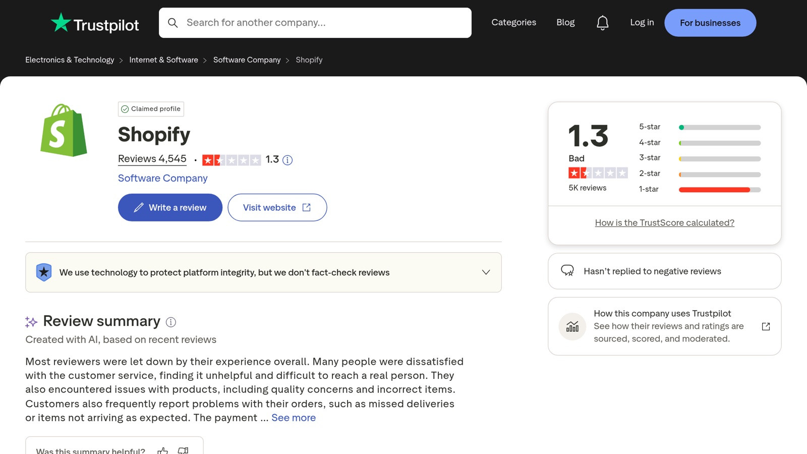 Trustpilot review page example with merchant responses