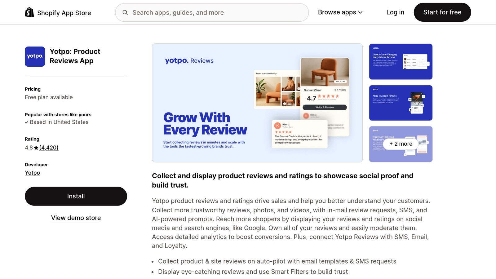 Yotpo on the Shopify App Store — bundled reviews + loyalty + SMS marketing, best for $5M+ ARR brands.
