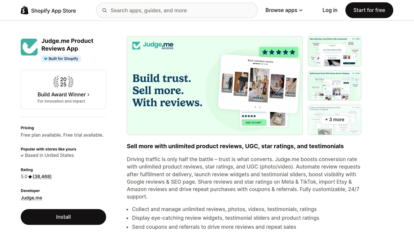Judge.me on the Shopify App Store — 50,000+ active stores, the most-installed reviews app on Shopify.
