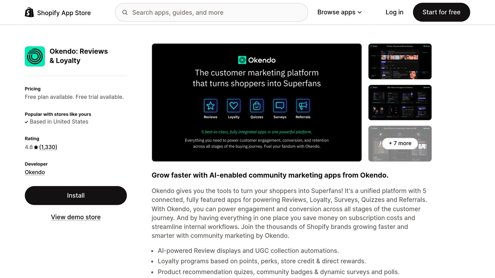 Okendo on the Shopify App Store — premium DTC choice combining reviews with UGC and content.