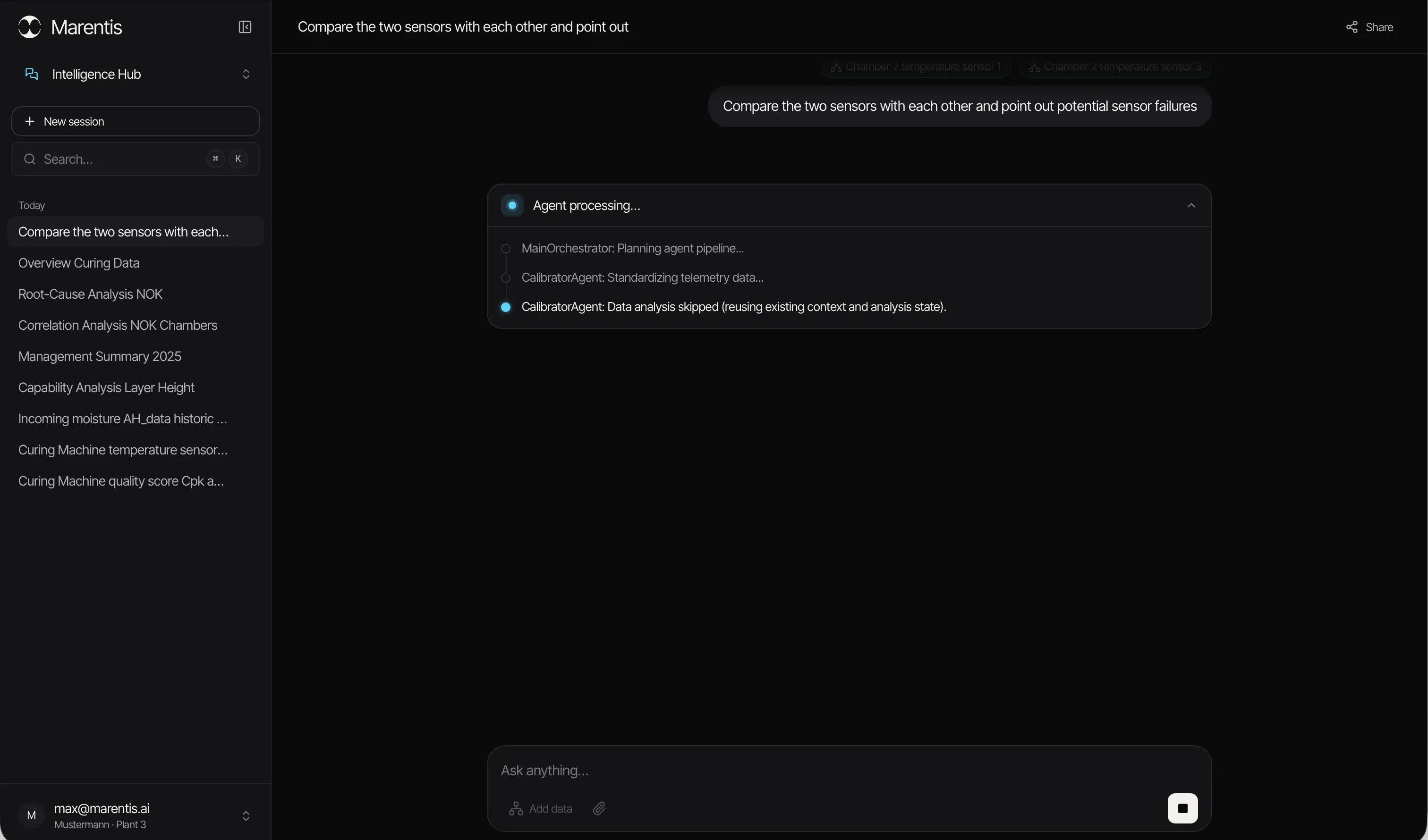 The Marentis multi-agent system reporting its steps while working through a question.