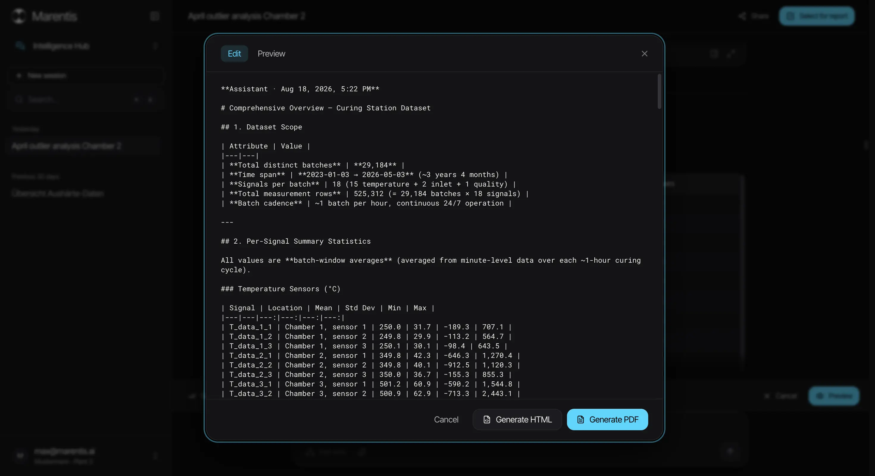 Marentis report generation, assembling chat details, graphs and resolutions into a shareable report.