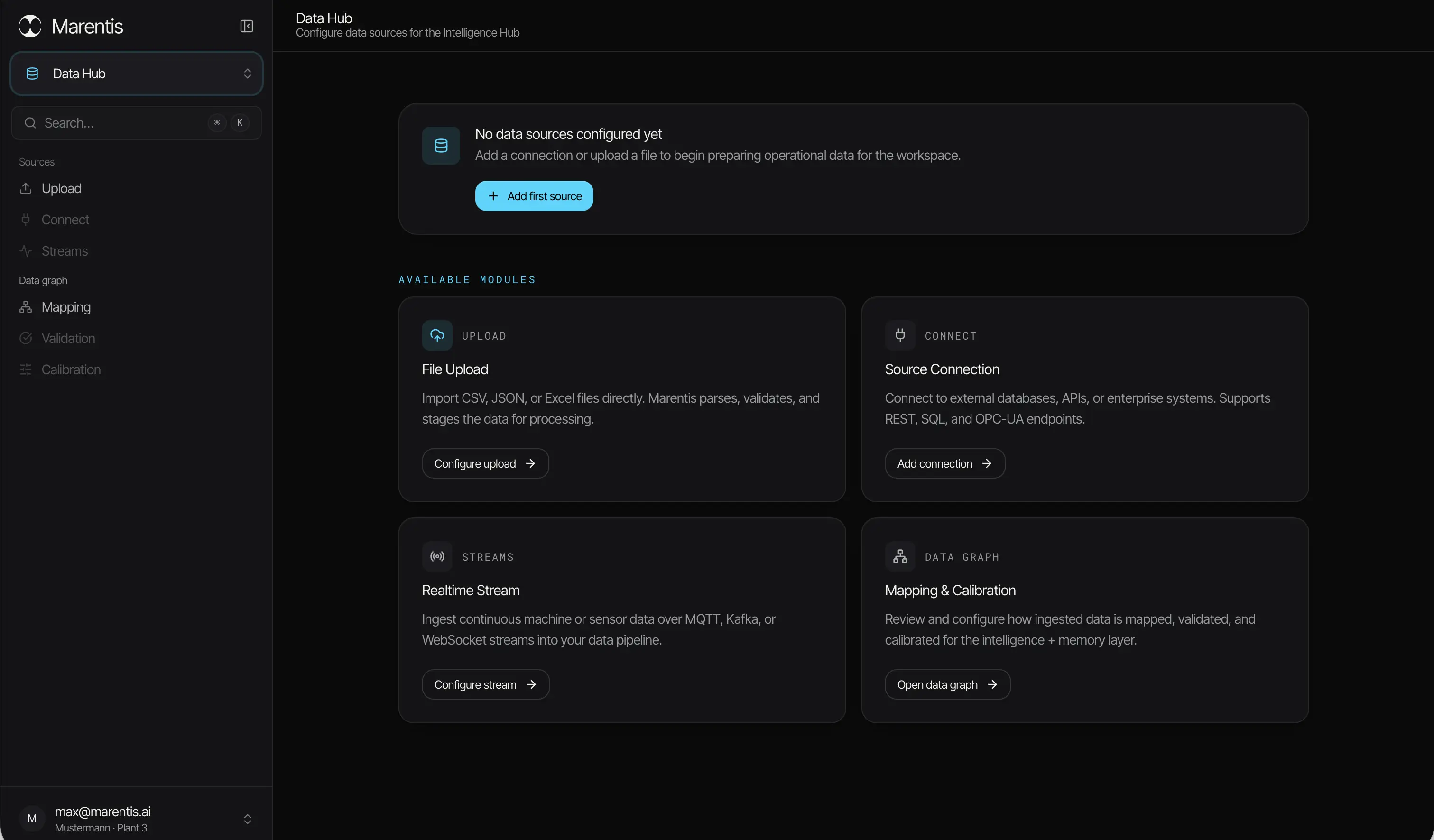 Marentis Data Hub showing the input methods for connecting and uploading machine data.