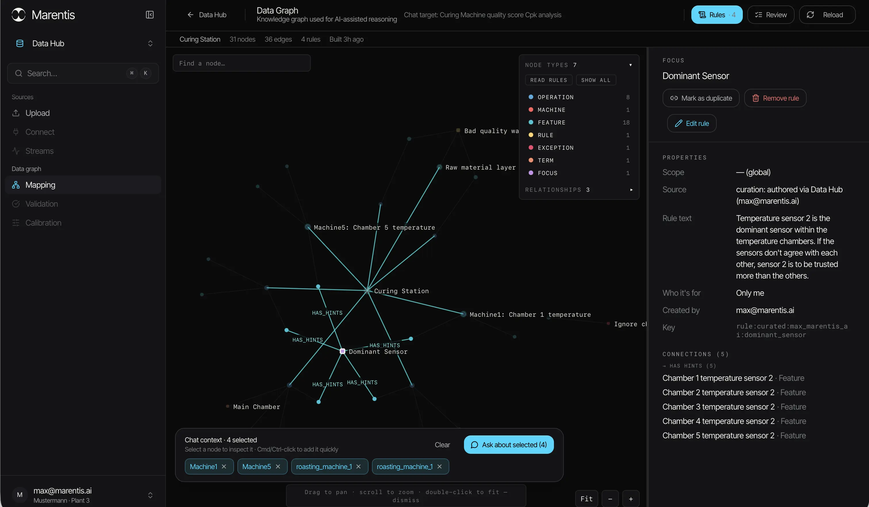 Marentis expert memory shown as a knowledge graph of machines, terms and rules.