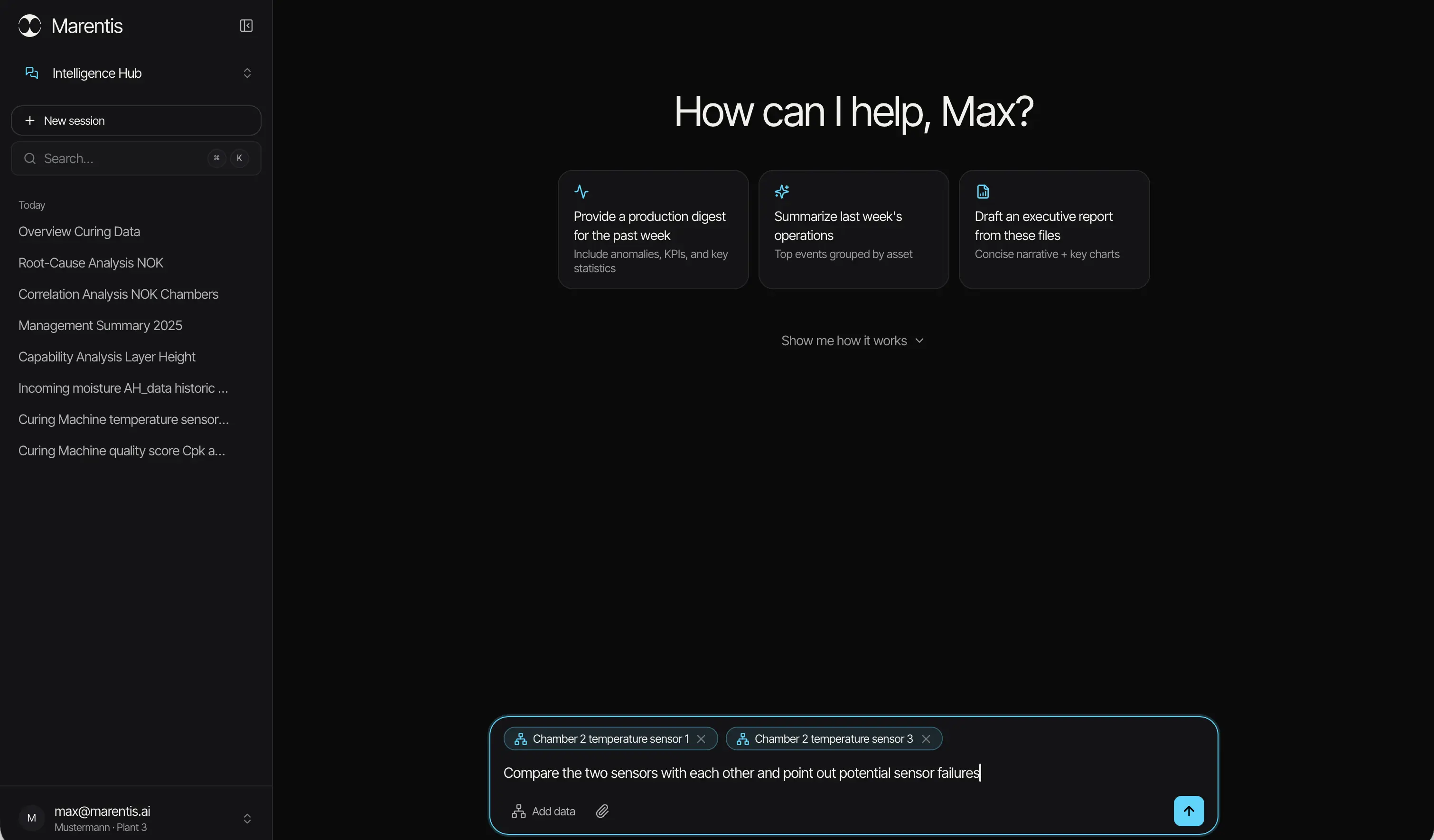 Marentis Intelligence Hub with a new chat started against a selected machine.