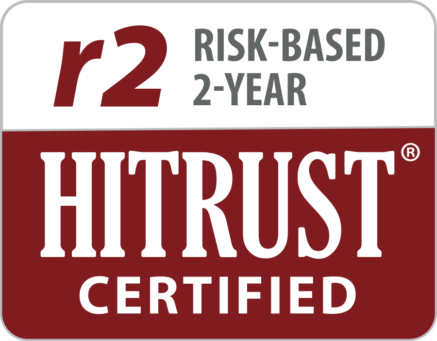 HITRUST certified risk-based 2-year r2 compliance badge with maroon and white colors.