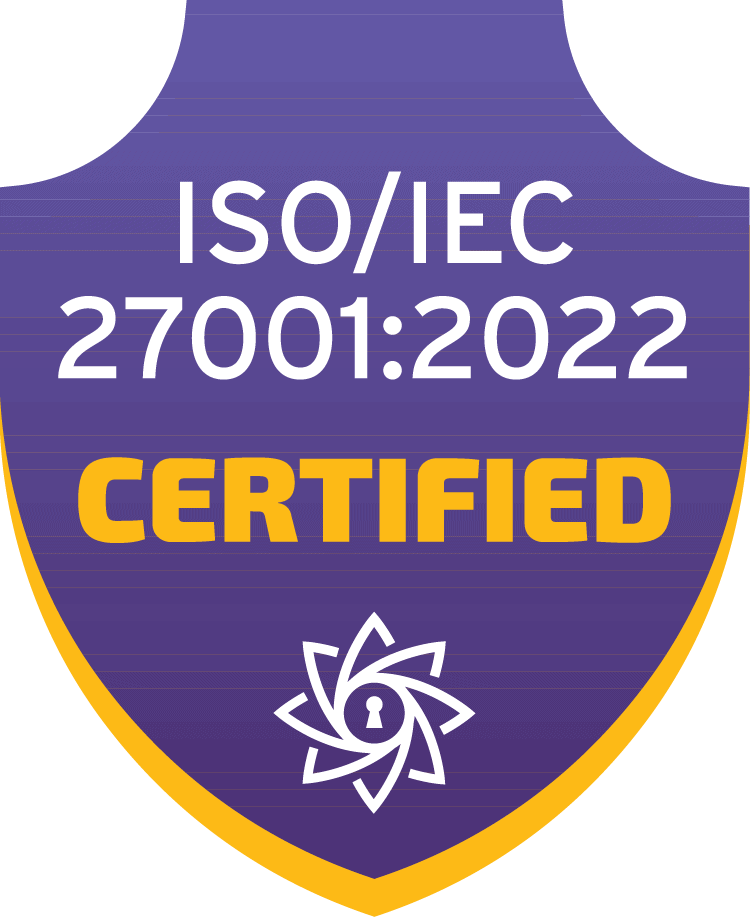 Shield icon with ISO/IEC 27001:2022 Certified text and a keyhole security symbol
