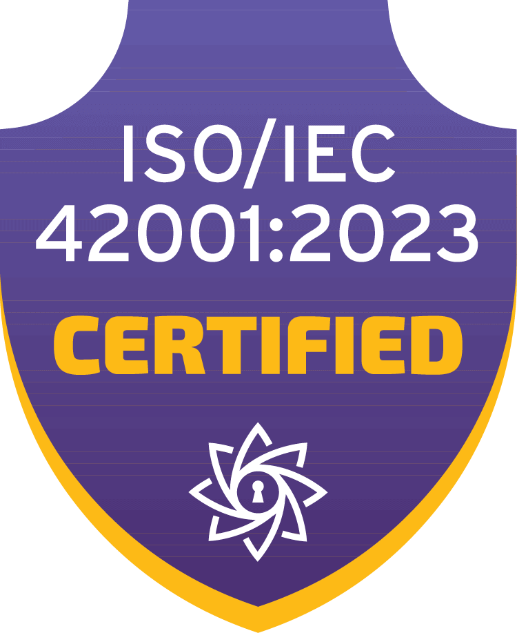Purple and gold shield with text ISO/IEC 42001:2023 Certified and a lock keyhole symbol.