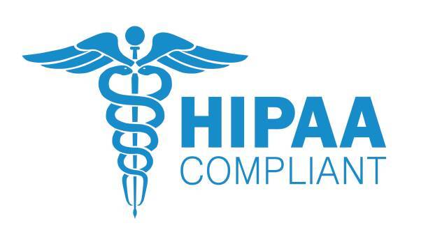 Blue caduceus symbol next to the text HIPAA compliant in blue font.