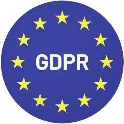 Blue circle with twelve yellow stars in a circle around the white text GDPR.