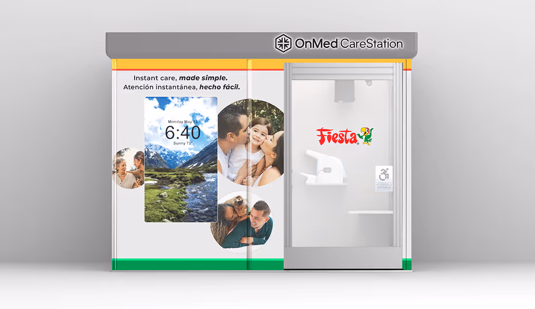 OnMed CareStation™ installed at a Fiesta grocery store with bilingual "Instant care, made simple" signage