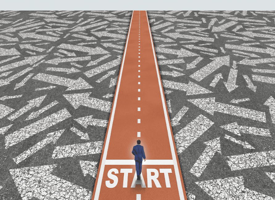 Person standing at "START" marker where multiple directional arrows converge, symbolizing healthcare journey decision-making and pathway forward.