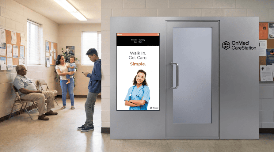 OnMed CareStation in community health clinic with diverse patients and families accessing self-service telehealth services.