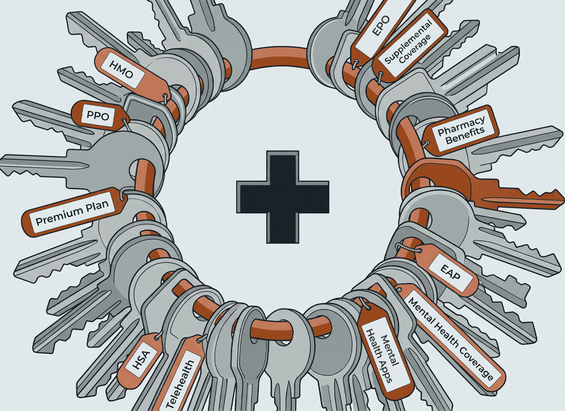 Illustration of interconnected keys labeled with healthcare plan types (HMO, PPO, HSA, telehealth, mental health coverage, pharmacy benefits) and medical plus symbol, representing access to diverse employer healthcare benefits.