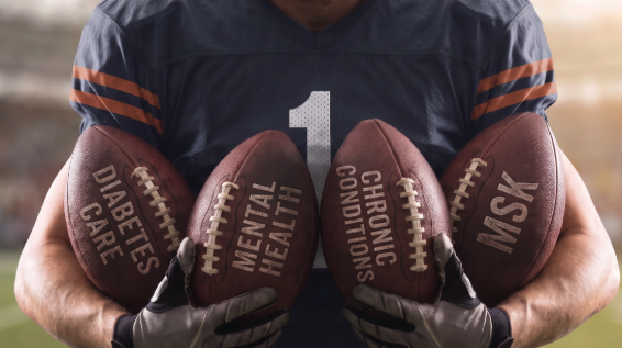 Football player holding four footballs labeled with healthcare priorities including diabetes care, mental health, chronic condition support, demonstrating comprehensive health screening