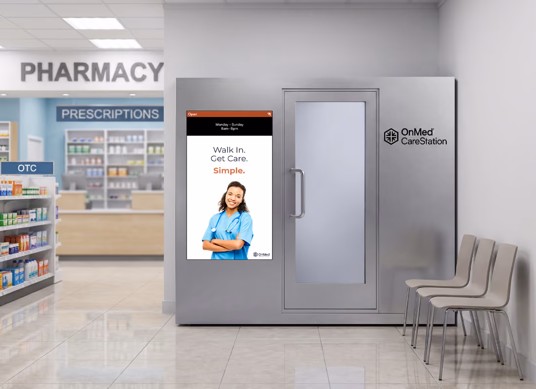OnMed CareStation™ installed in a pharmacy near the prescriptions and OTC aisles