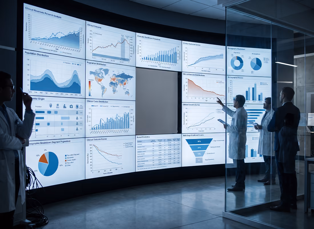 Researchers in white coats reviewing a large wall of clinical trial data dashboards and charts