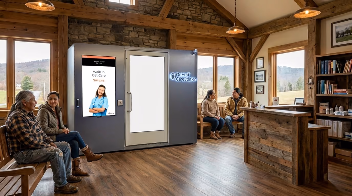 OnMed CareStation™ in a rustic community center waiting room with people seated on wooden benches