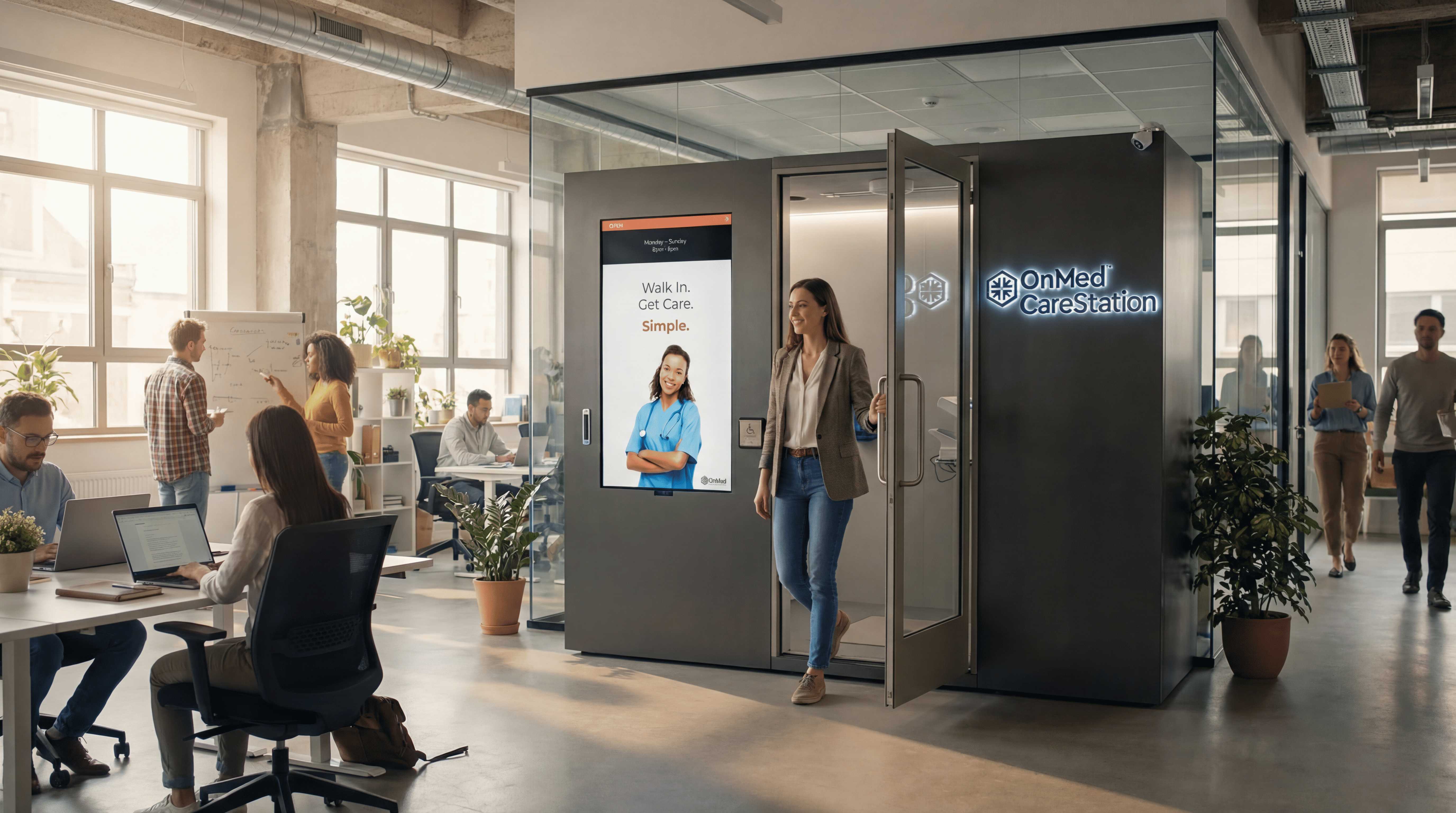 OnMed CareStation on-site clinic installed in an open office, with an employee walking out after a visit while coworkers work nearby.