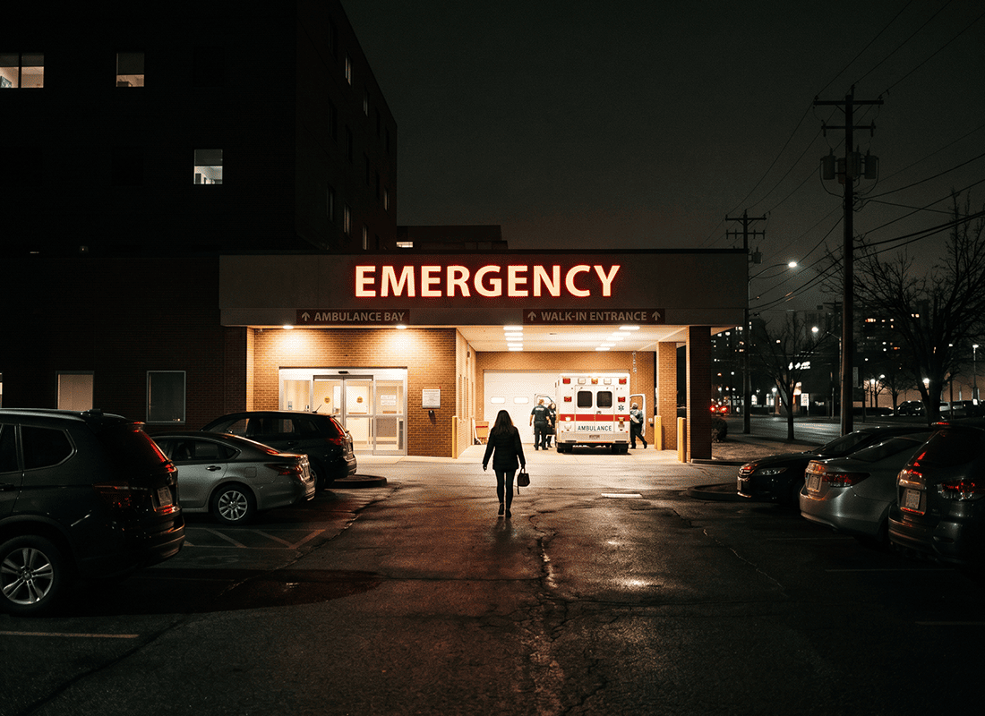 Person walking toward a hospital's illuminated emergency entrance at night as paramedics unload a patient from an ambulance.