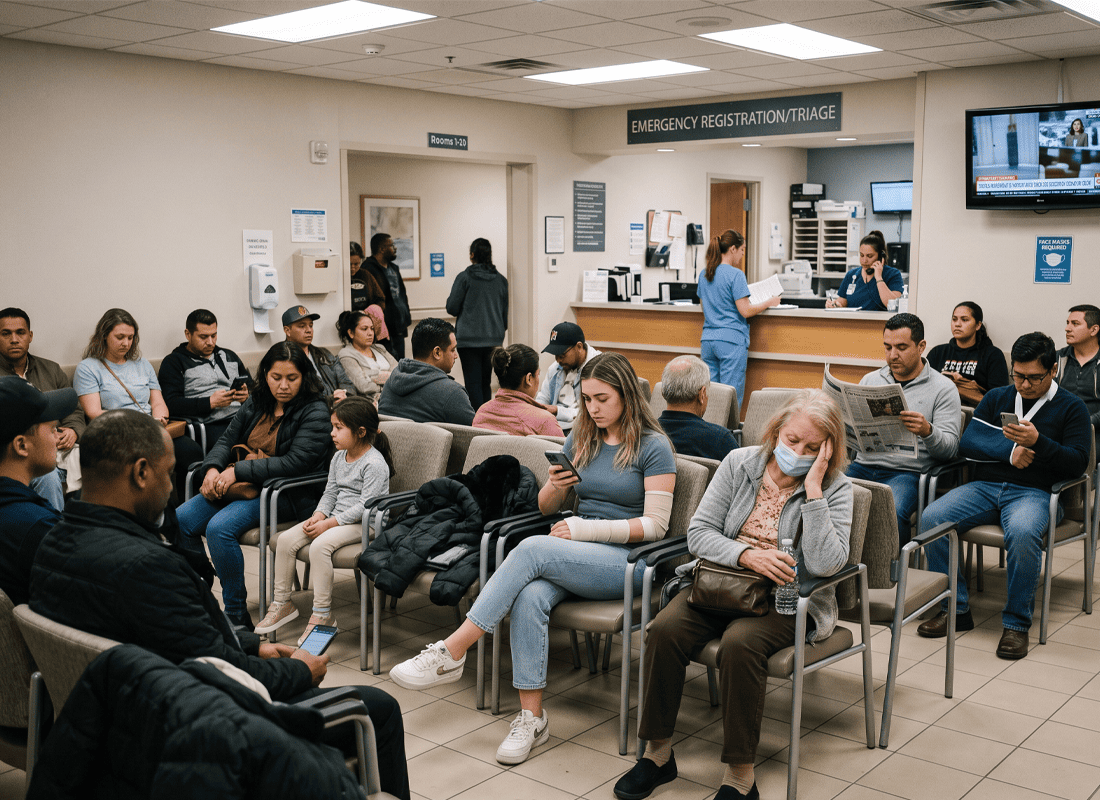 Crowded emergency room waiting area with patients in chairs, one with an arm bandage, near an Emergency Registration/Triage desk.