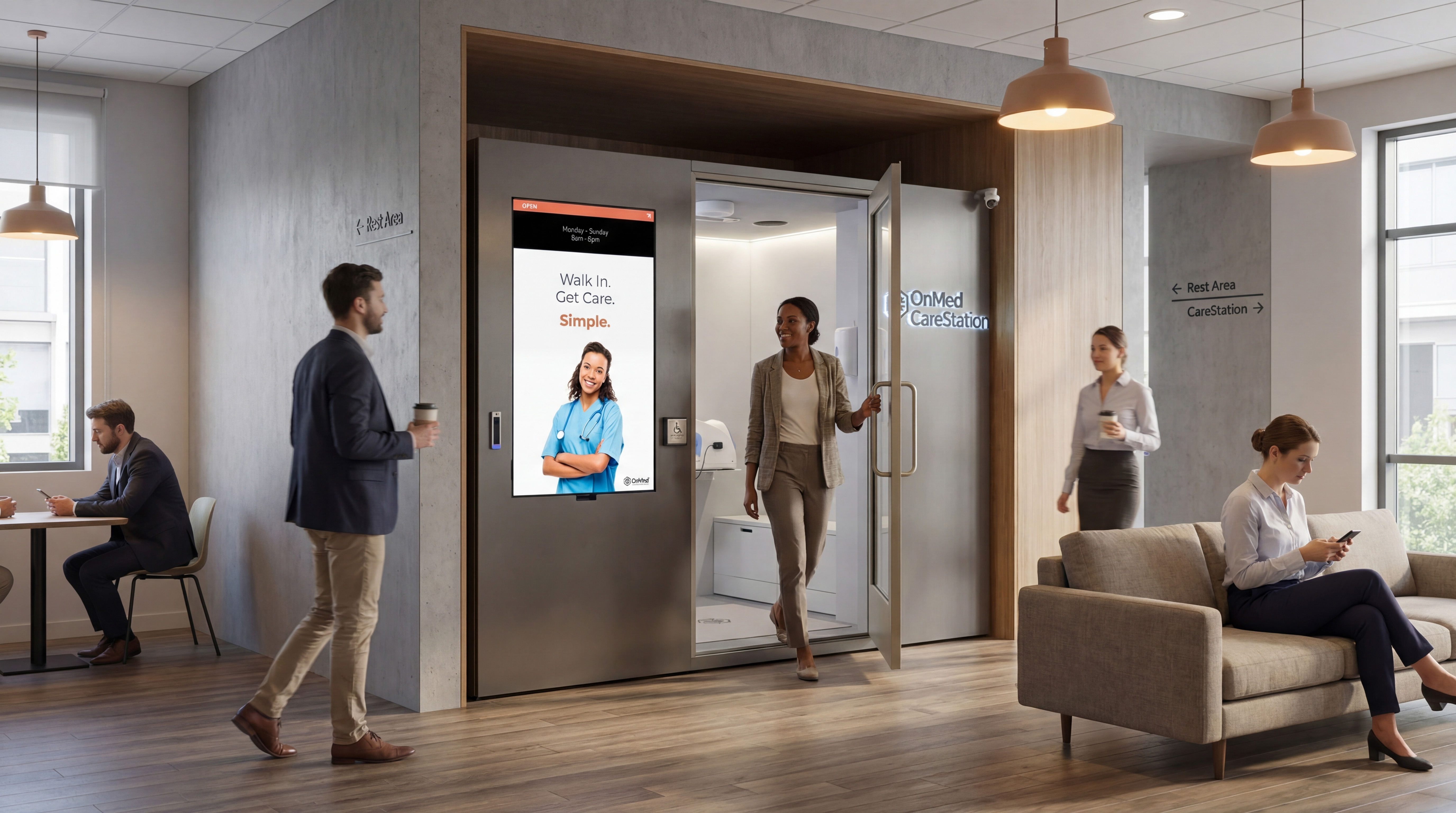 OnMed CareStation on-site clinic in an office break area, with employees walking by and relaxing nearby, illustrating the contrast between telehealth and on-site care