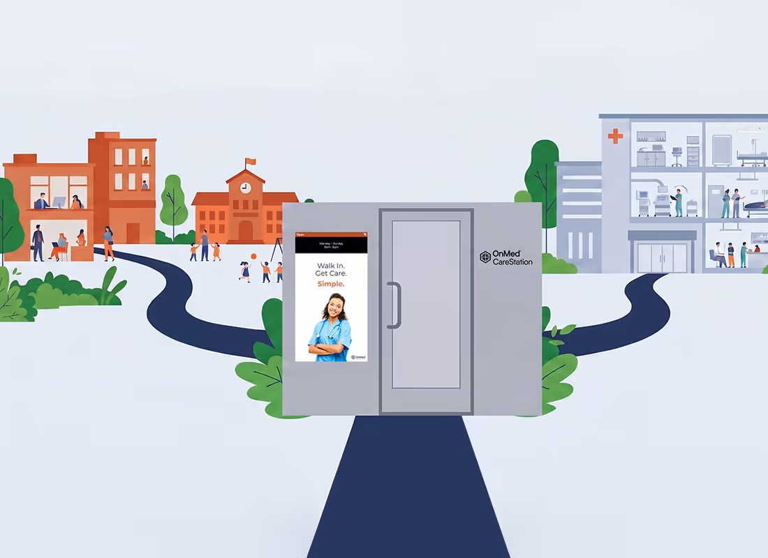 Illustration of an OnMed CareStation® kiosk as a central access point between a community and a hospital, surrounded by local buildings and pathways