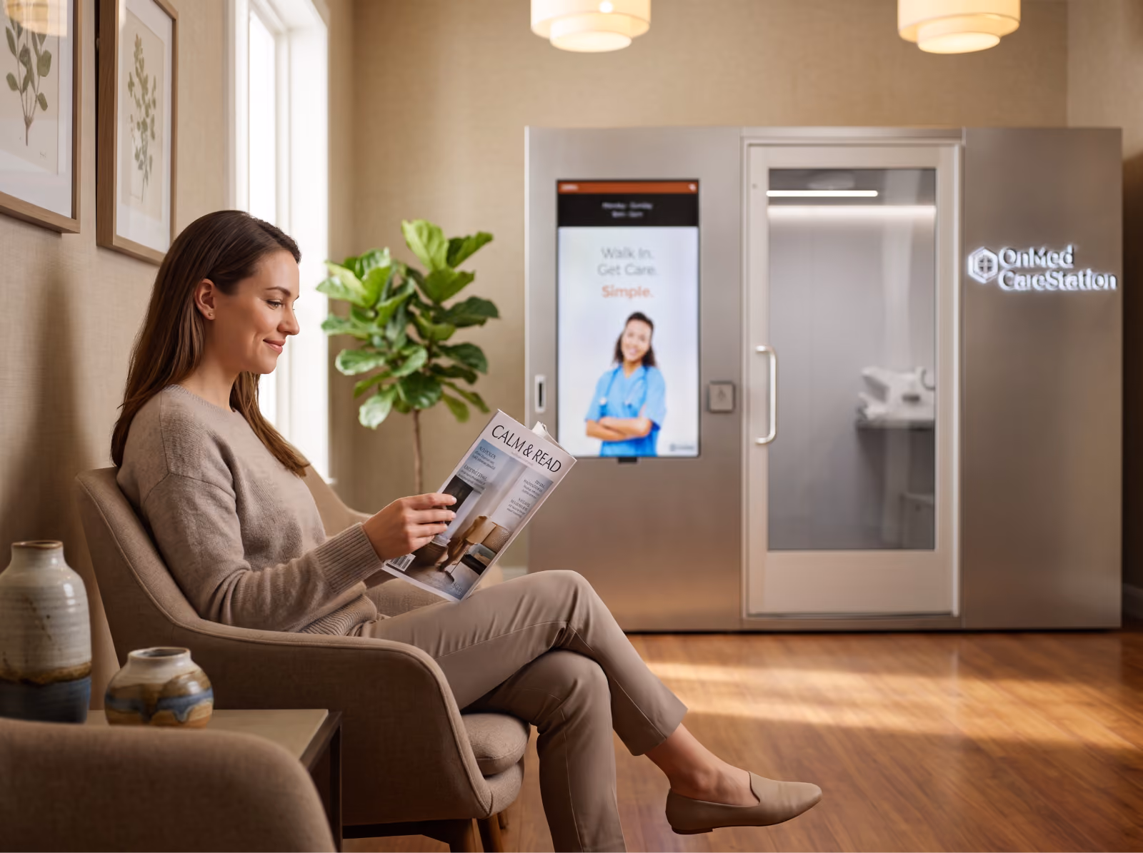 Woman reading a magazine in a waiting area near an OnMed CareStation®