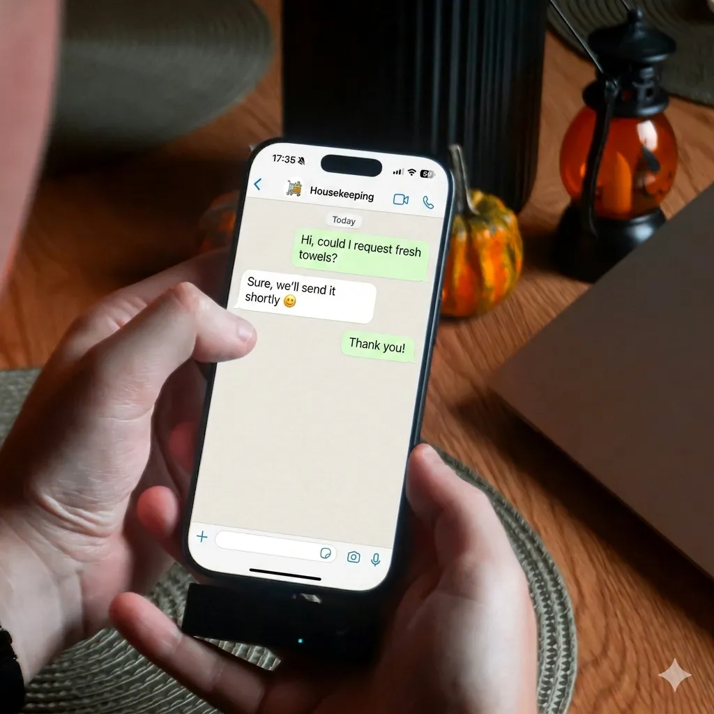 Person holding phone showing a chat to housekeeping requesting fresh towels with a positive reply.