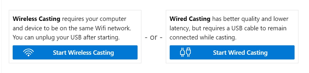 Wired and wireless casting options in the ManageXR web app