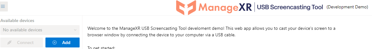 ManageXR casting web app with the Add and Connect buttons in the left navigation bar