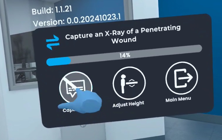 The in-simulation captions button in Transfr Trek turning blue as a hand reaches it.