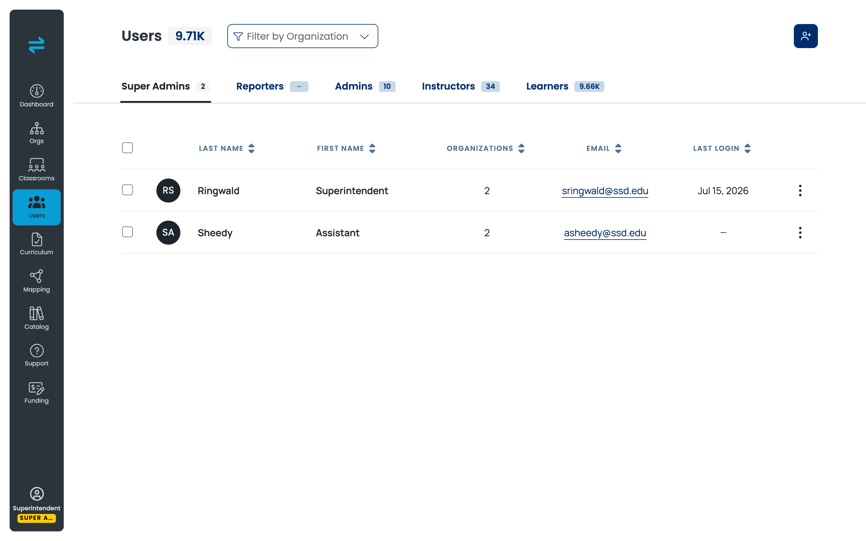 The Users area of the Transfr Dashboard, with role tabs (Super Admins, Reporters, Admins, Instructors, Learners) and the add-user button in the top-right corner.
