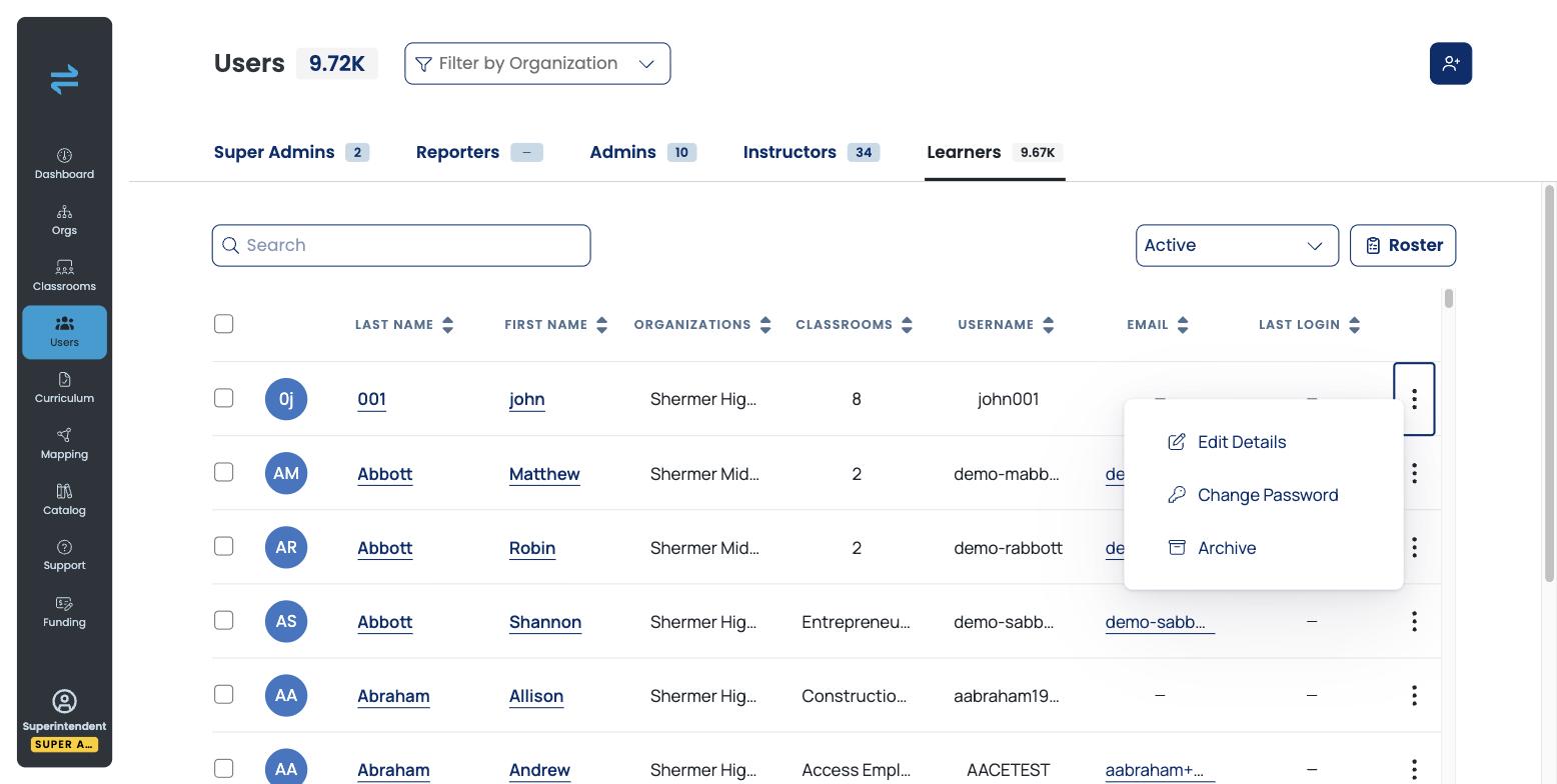Learner row three-dot menu showing Edit Details, Change Password, and Archive