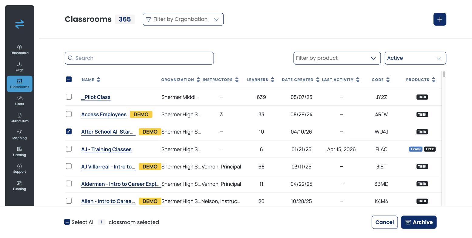 Classrooms list with a classroom selected and the Archive button in the bottom action bar