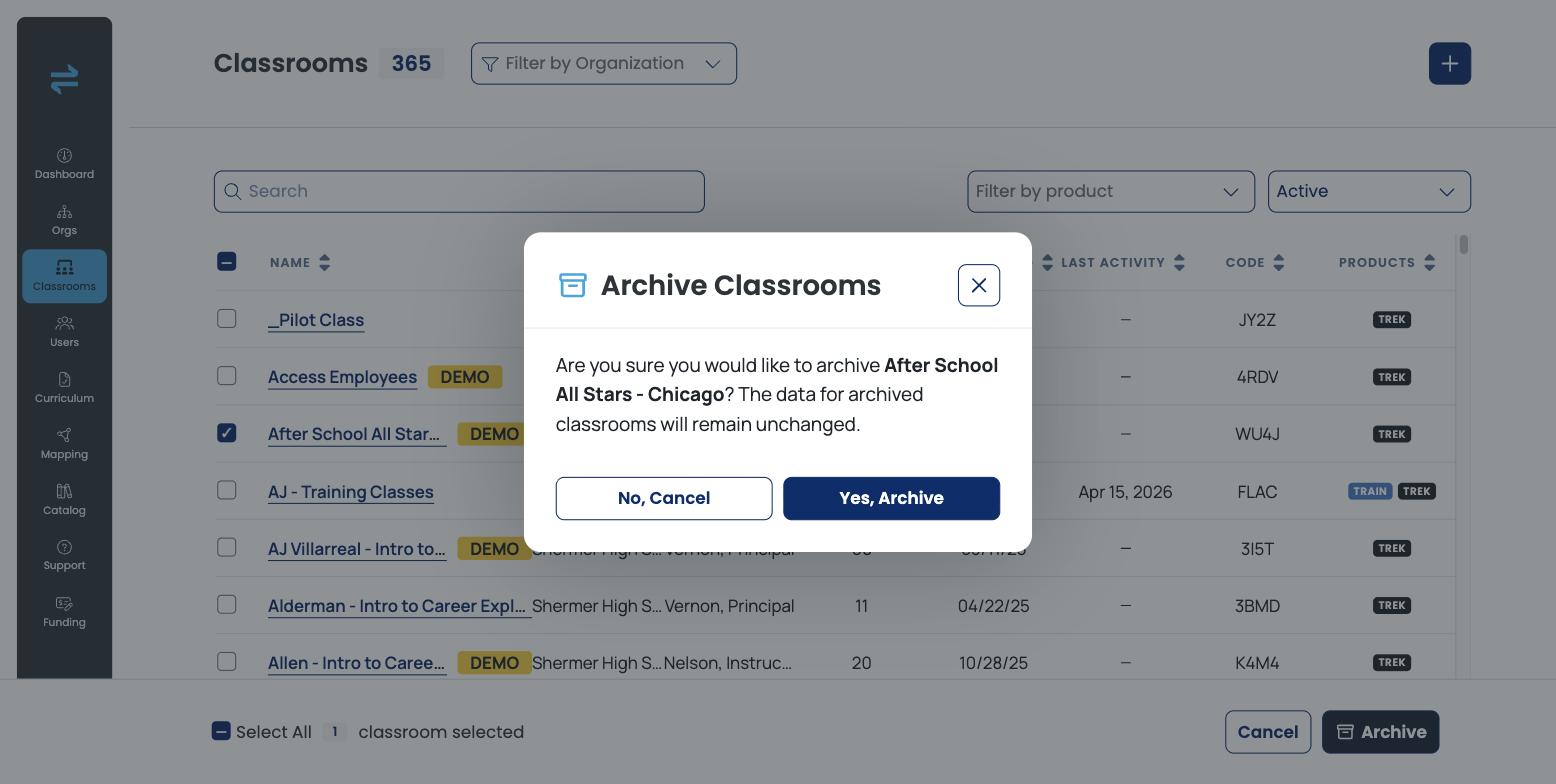 Archive Classrooms confirmation dialog asking you to confirm