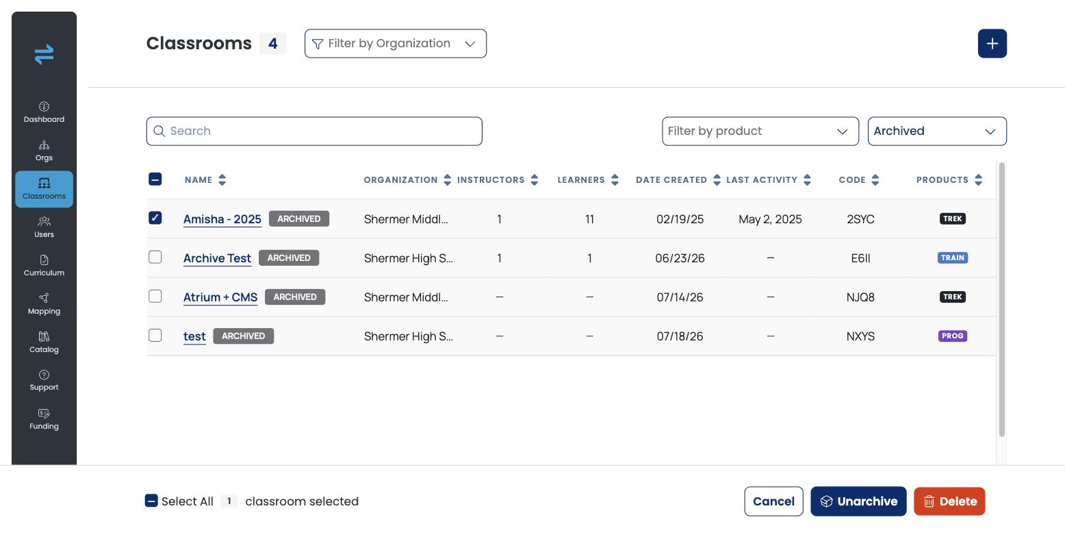Archived classrooms view with an item selected and Unarchive and Delete in the bottom bar