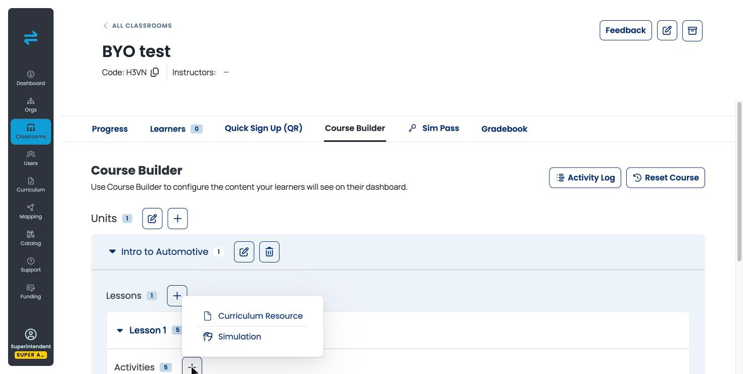 Activities menu showing Curriculum Resource and Simulation options