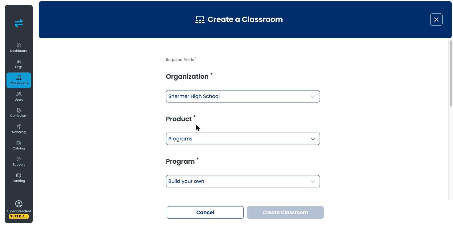 Create a Classroom dialog with Product set to Programs and Program set to Build your own