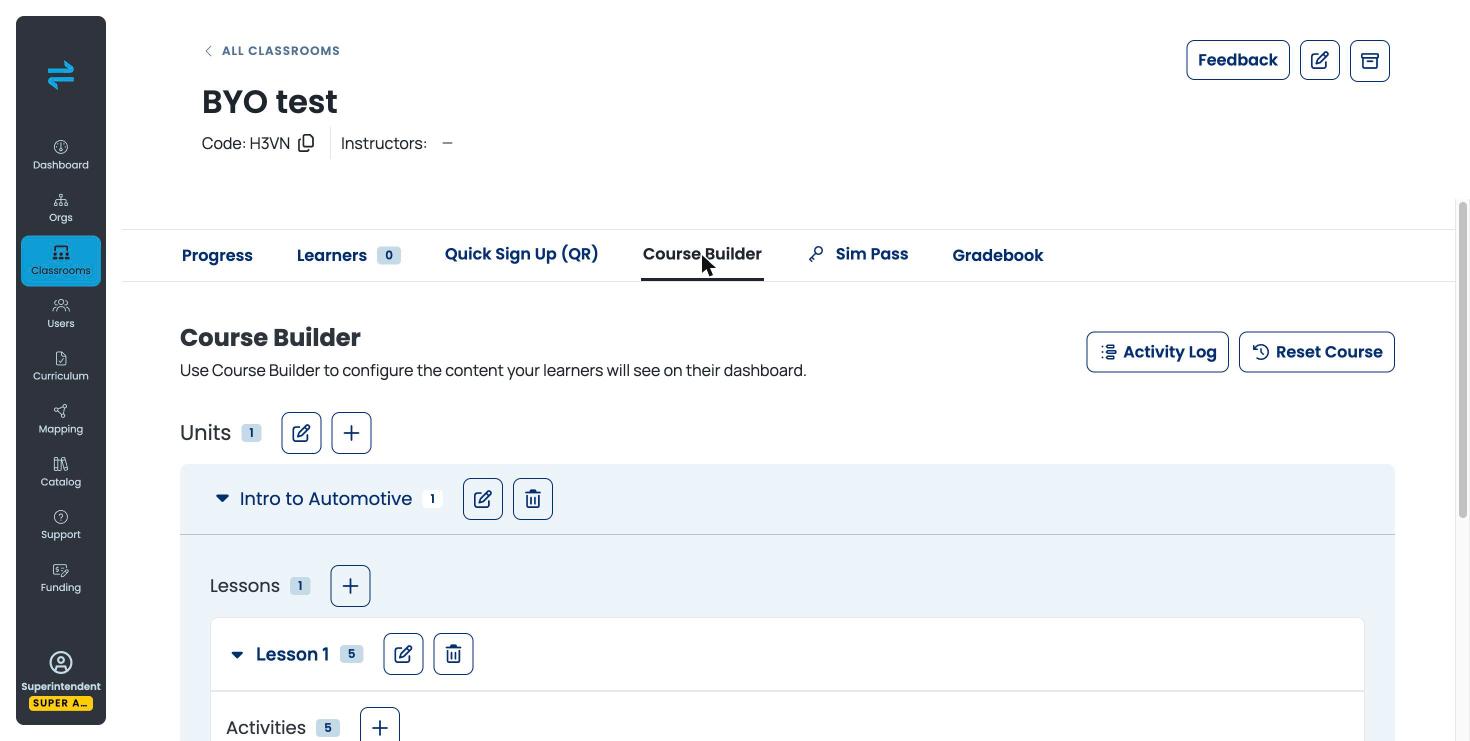 Course Builder tab showing Units, Lessons, and Activities with Activity Log and Reset Course buttons