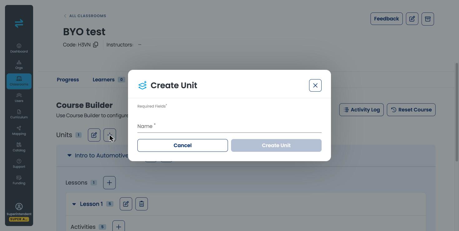 Create Unit dialog with a Name field