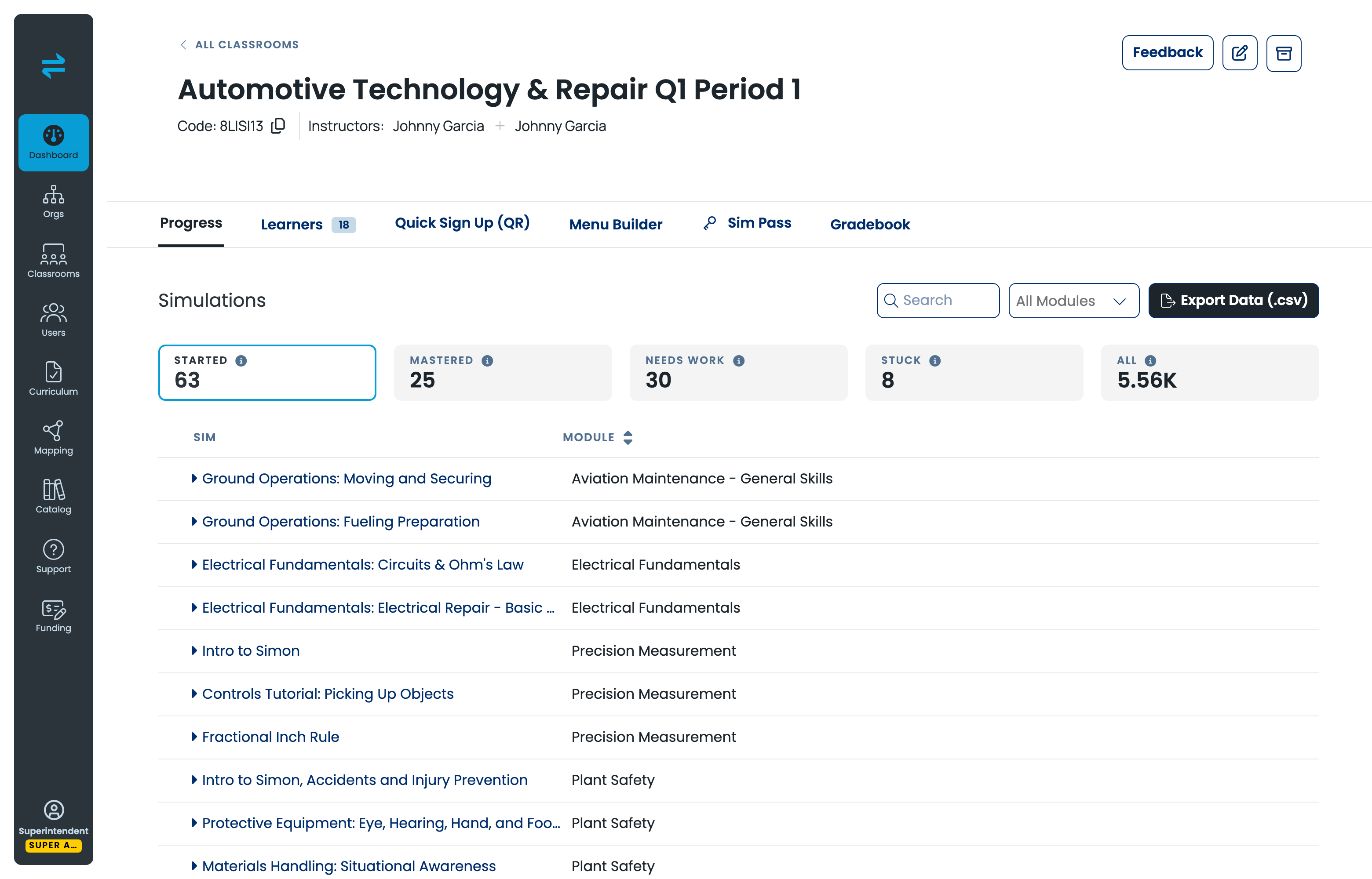 The Export Data (.csv) control on a classroom Progress tab.
