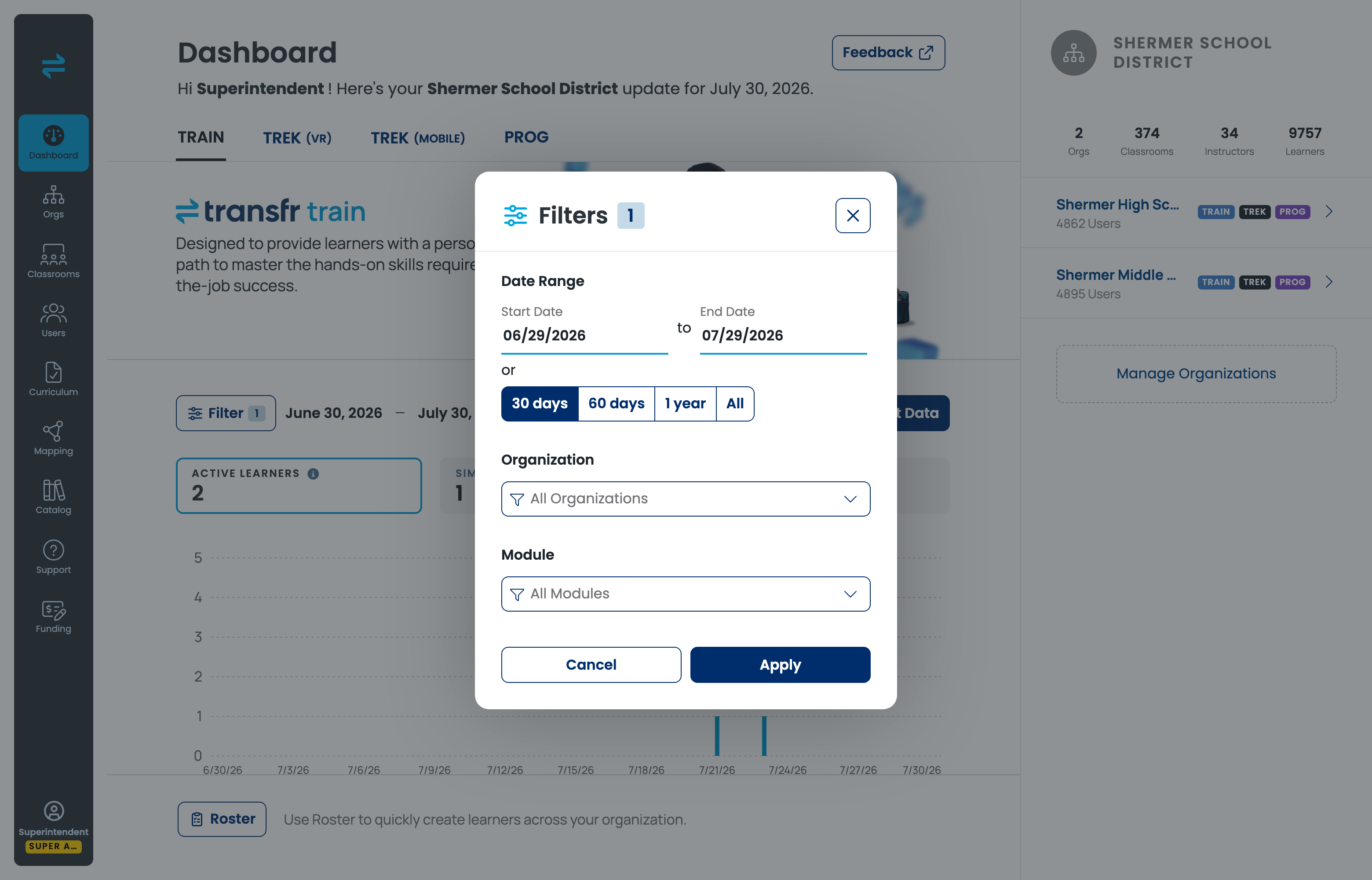 The Filter control open on the Dashboard page, showing date range options.