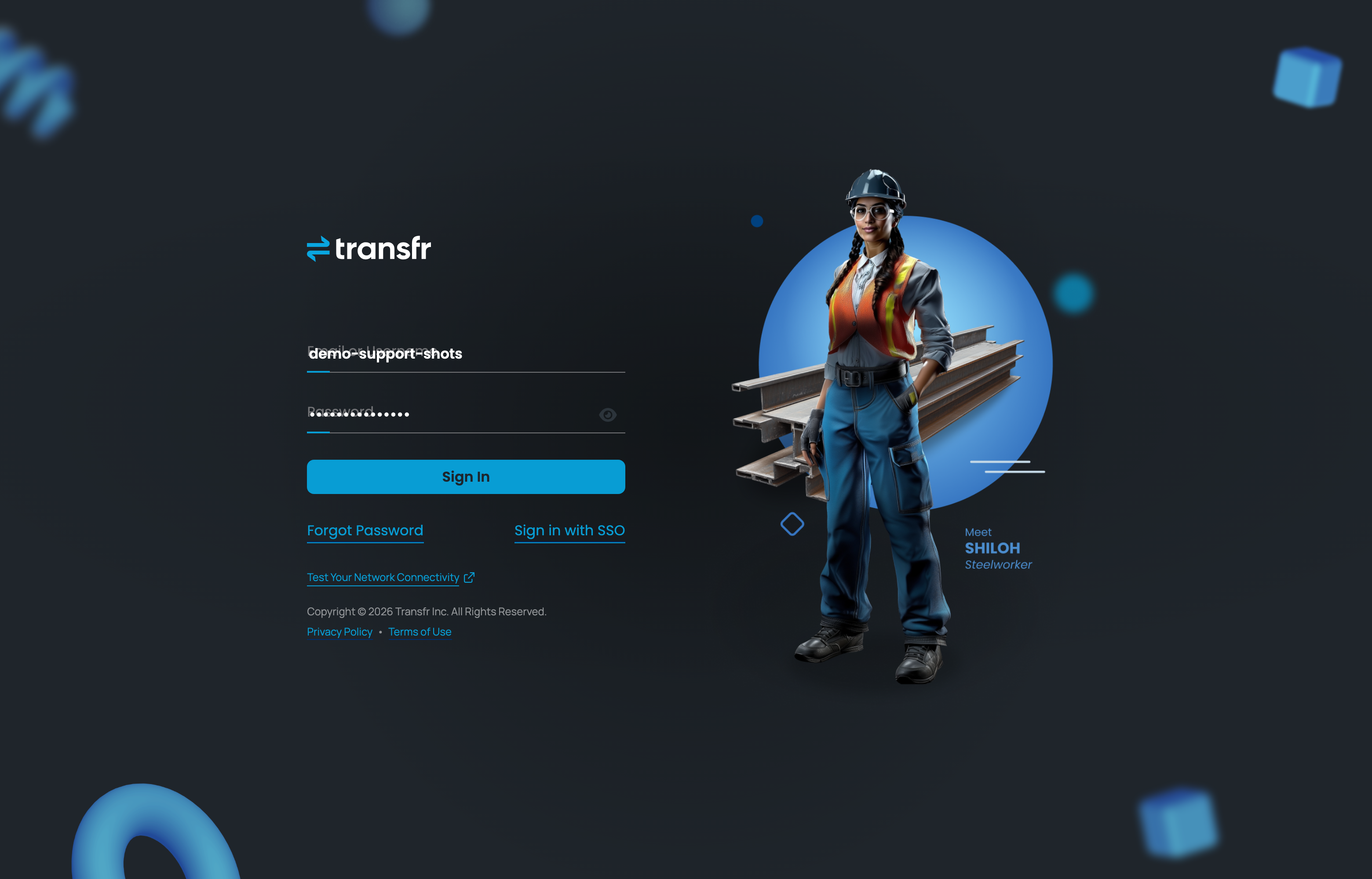 The Transfr sign-in page with a username and password entered.