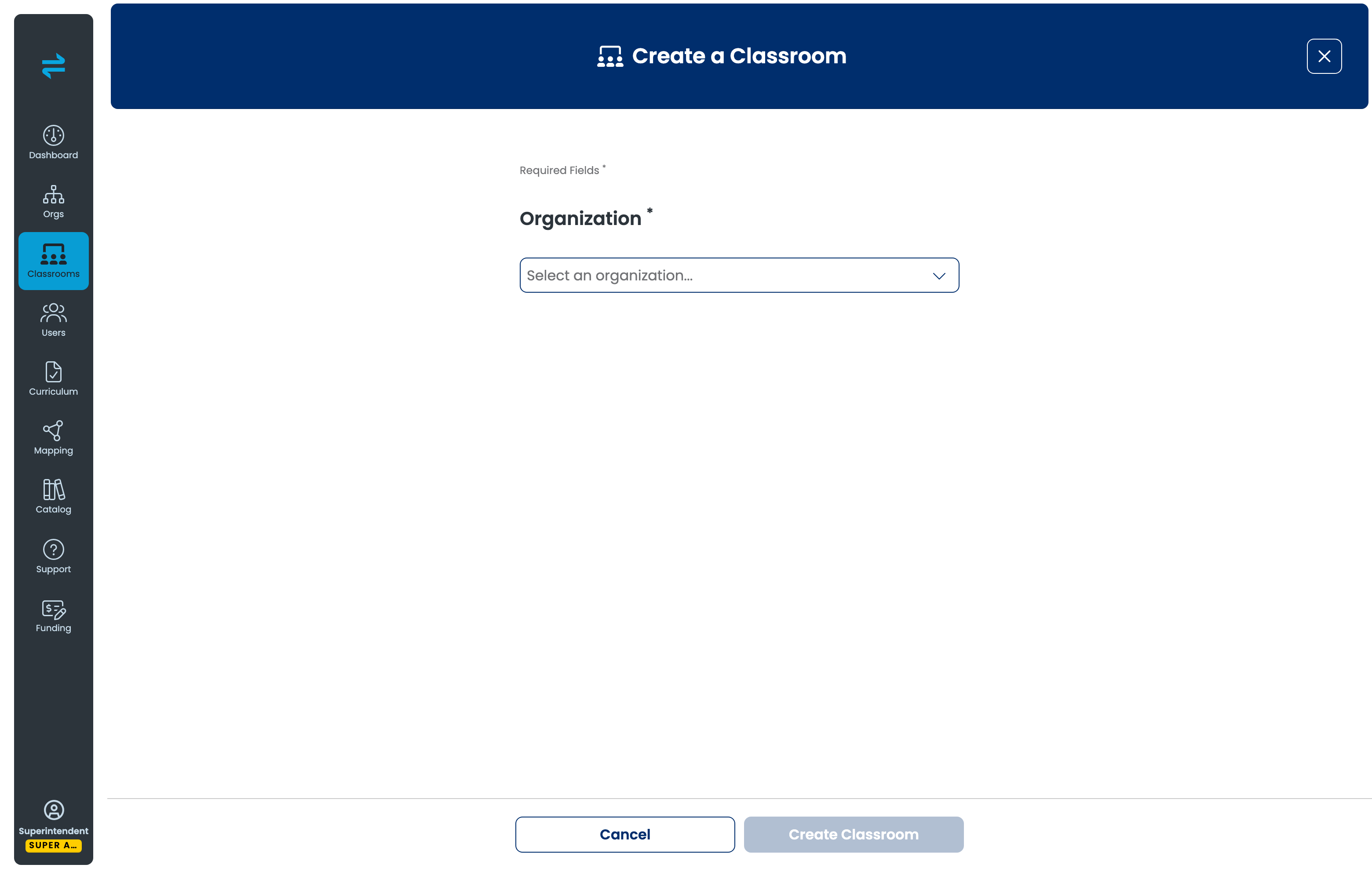 Create a Classroom dialog open on the Transfr Dashboard, with fields for name and product