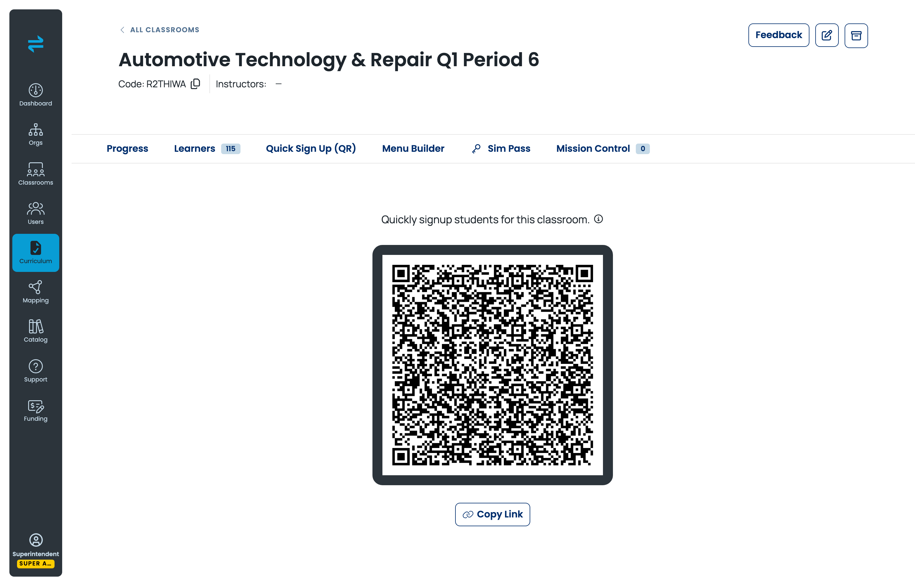 Classroom Quick Sign Up (QR) tab showing the scannable sign-in code