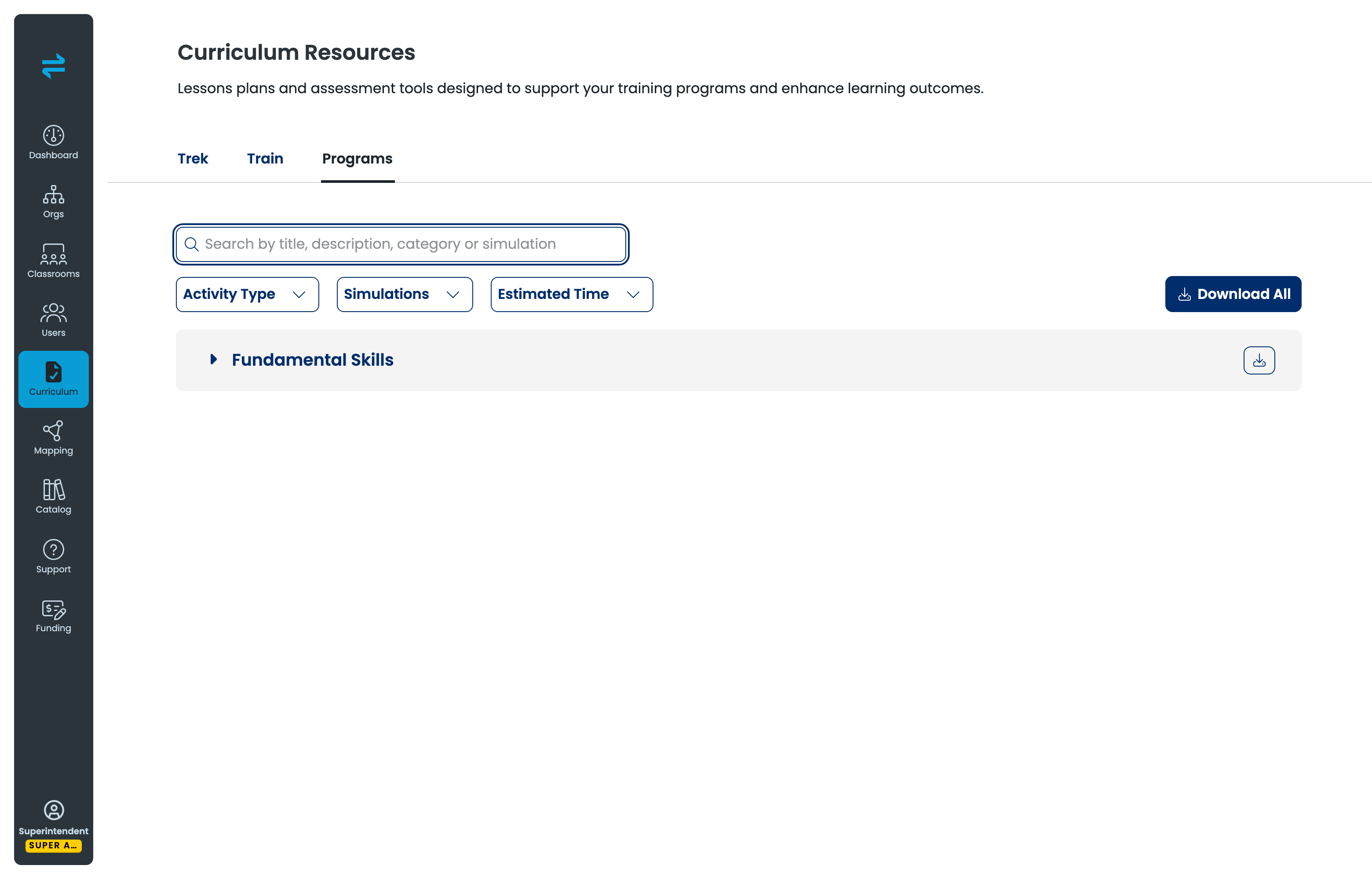 Curriculum Resources page, Programs tab