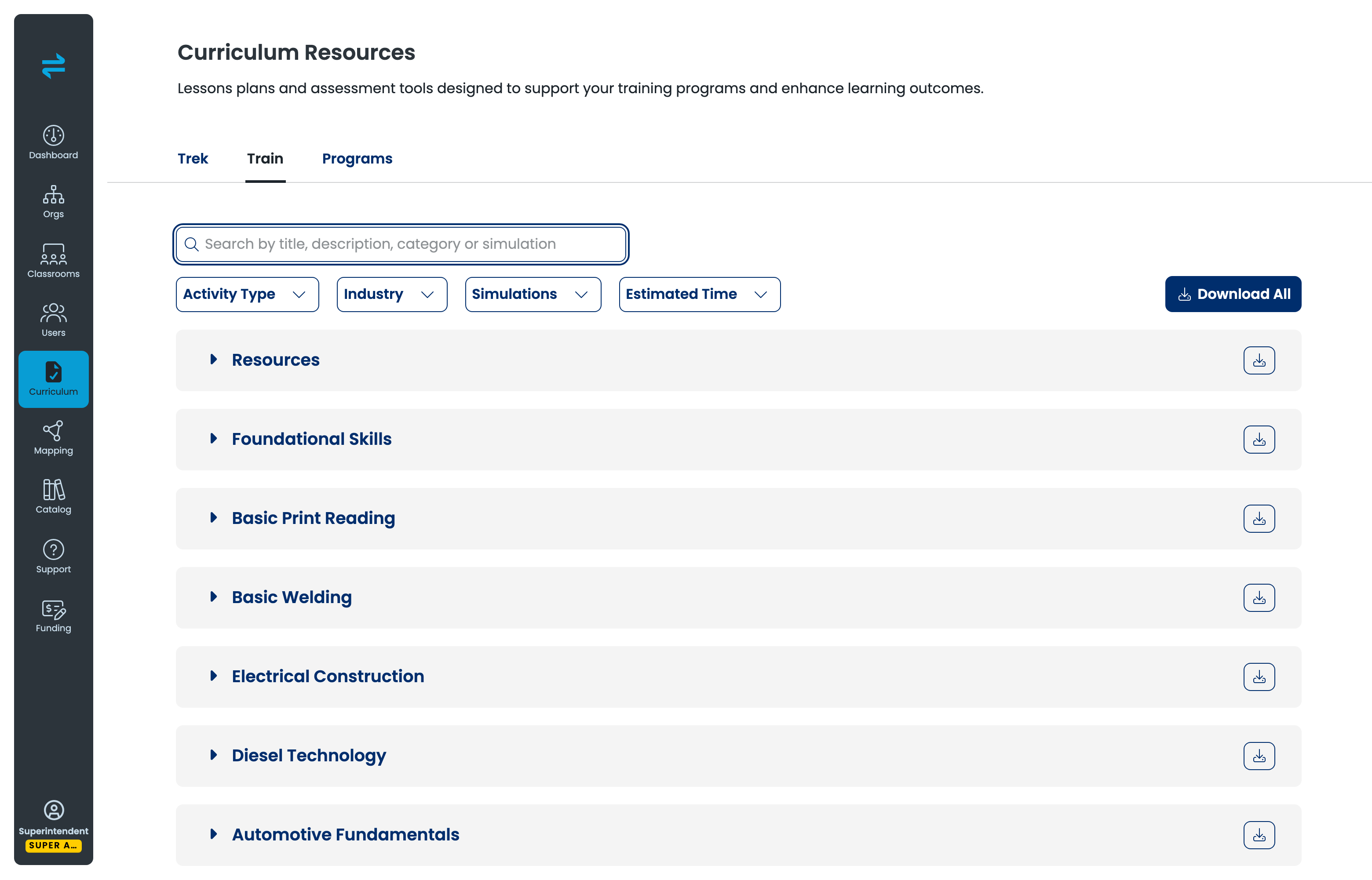 Curriculum Resources page, Train tab, showing the four filters and the subject groups