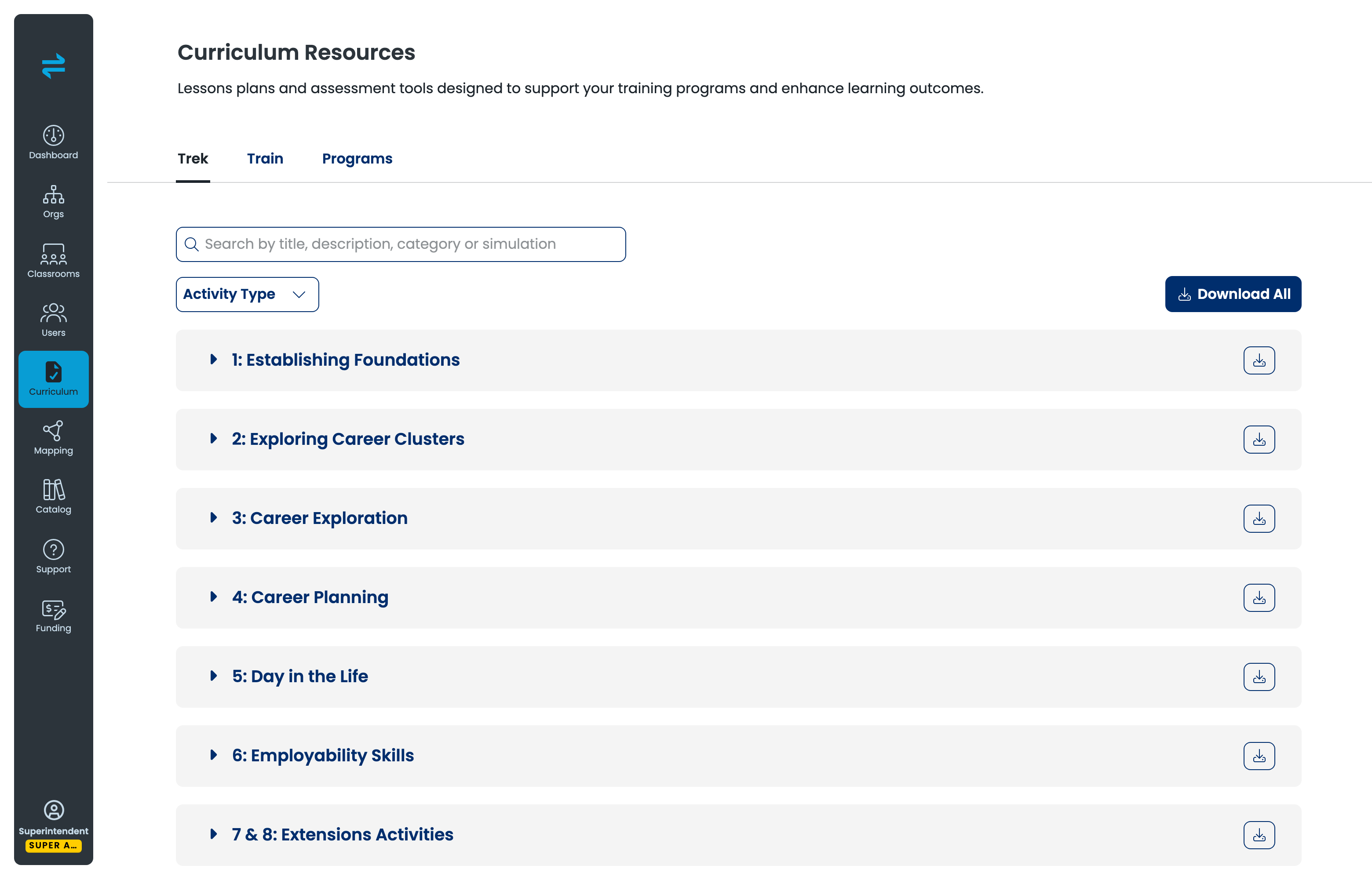 Curriculum Resources page, Trek tab, showing the Activity Type filter and seven sequential units